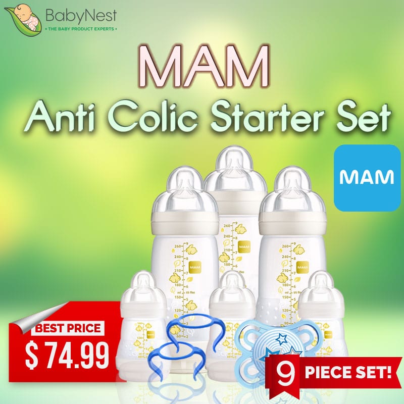 MAM Anti Colic Starter Set 9 Pieces (MAM New Self Sterilising Anti-Colic Baby Bottle Set With MAM perfect dummy and handle)
