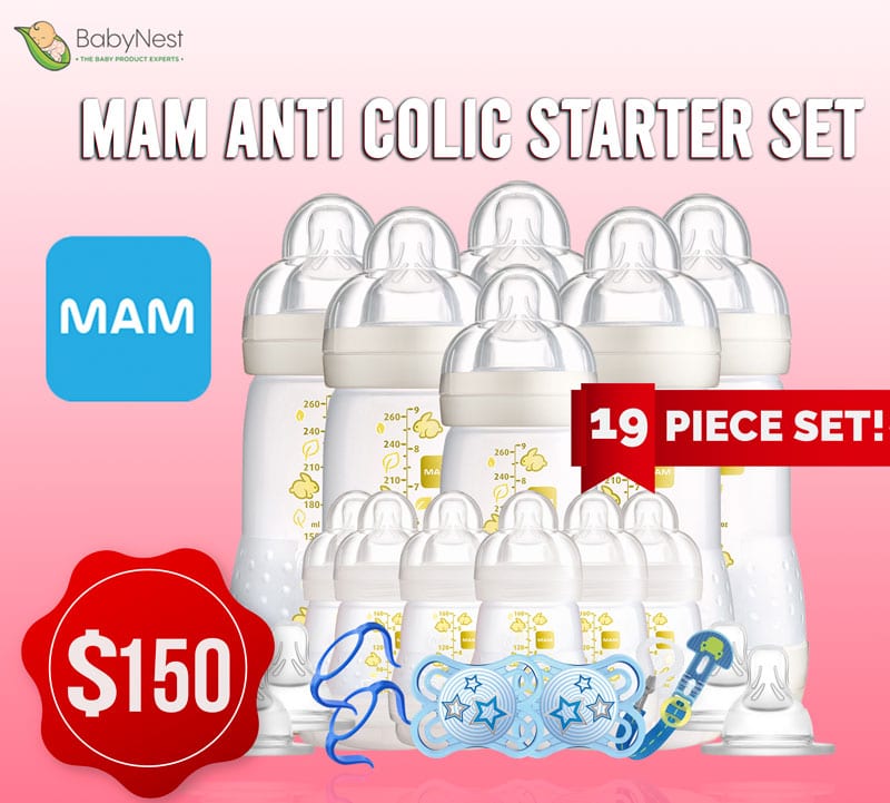 MAM Anti Colic self starter 19 piece set (MAM New Self Sterilising Anti-Colic Baby Bottle Set With MAM Dummies, Teats, Handle and Clip)