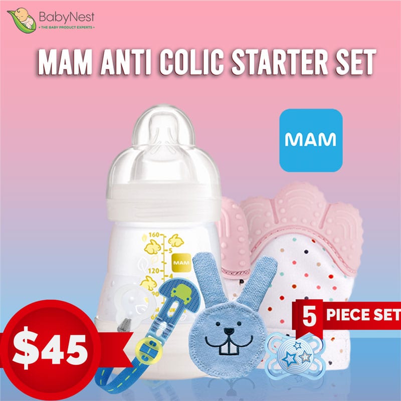 MAM starter set of 5 pieces (MAM Self Sterilising Anti-Colic Baby Bottle with MAM Dummy, Clip, Teething cloth and Gloves)